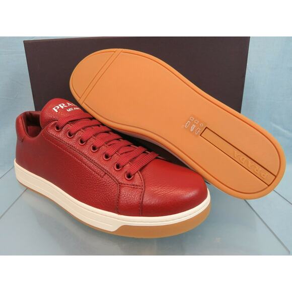 NIB PRADA 4E3507 RED TEXTURED LEATHER LACE UP LOGO LOW TOP SNEAKERS 7 US 8 - Picture 8 of 12